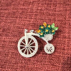 Vintage Tricycle Bike with a Basket full of Colorful Gemstone Flowers Brooch Pin
